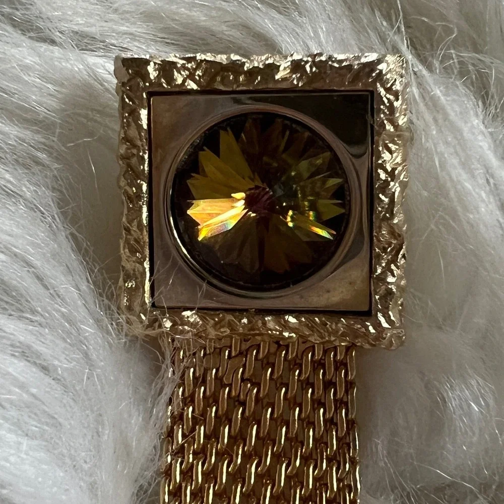 Vintage Swank Gold Tone Mesh Wrap Cufflinks Amber Crystal Square Textured Boxed